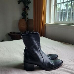 Rocco P. For Barney's New York Black Heeled Ankle Boot Black Leather